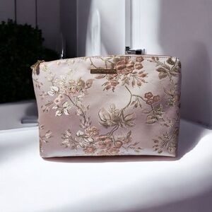 NEW Vince Camuto Lite Pink Floral Embroidered Cosmetic Bag 13"x9" New With Tag